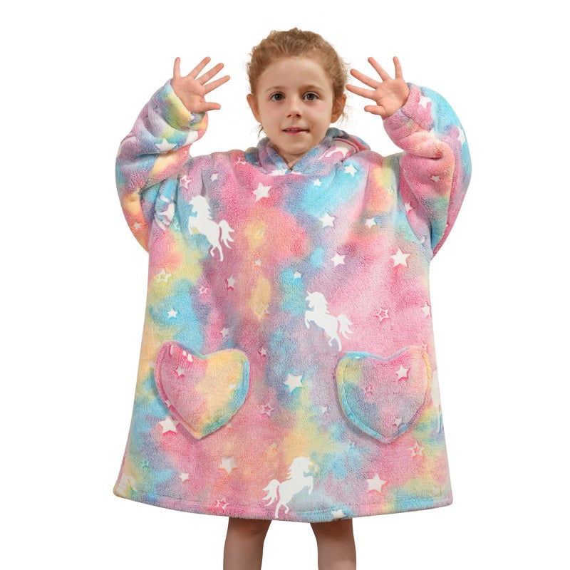 Mewkou Wearable Blanket Hoodie for Kids Oversized Sherpa Blanket Hoodie for Kids Boys Girls Toddler 26YRRainbow Unicorns