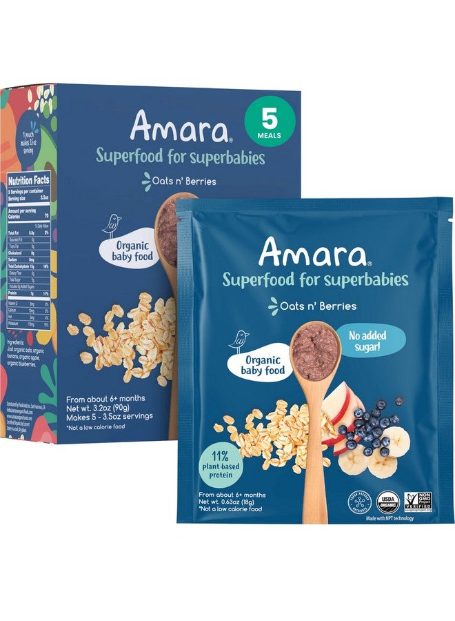 Amara طعام أطفال أمارا العضوي - المرحلة 2 - الشوفان والتوت - حبوب أطفال للخلط مع حليب الأم والماء - أكياس طعام أطفال مستقرة على الرف مصنوعة من الفواكه والخضروات العضوية - 5 أكياس، 3.5 أونصة لكل حصة - Image 1