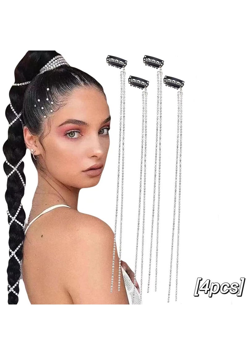 Generic 4pcs Long Rhinestone Hair Chains, Punk Tassel Hair Clips Sparkling Crystal Hair Extensions 20 Inch Head Chain Silver Decoration Hair Clips Hair Clips for Women and Girls Party Daily Headdresses  - Image 1