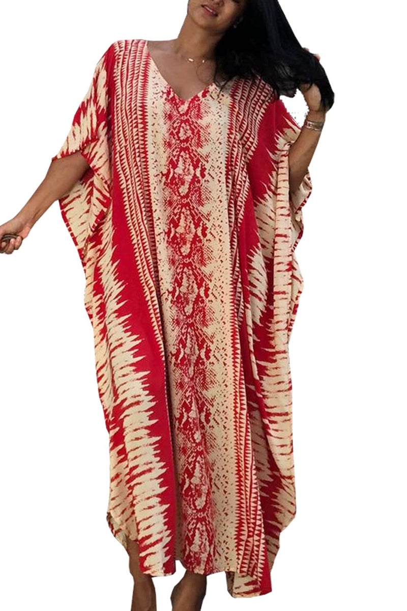 YouKD Summer Floral Long Kaftan Bohemian Loungewear Beach Swimsuit Cover Up Maxi Dress for Women Red - Image 2