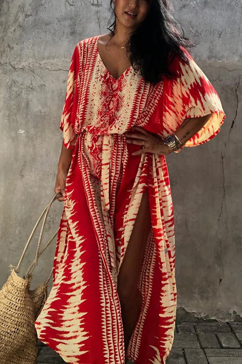 YouKD Summer Floral Long Kaftan Bohemian Loungewear Beach Swimsuit Cover Up Maxi Dress for Women Red - Image 3