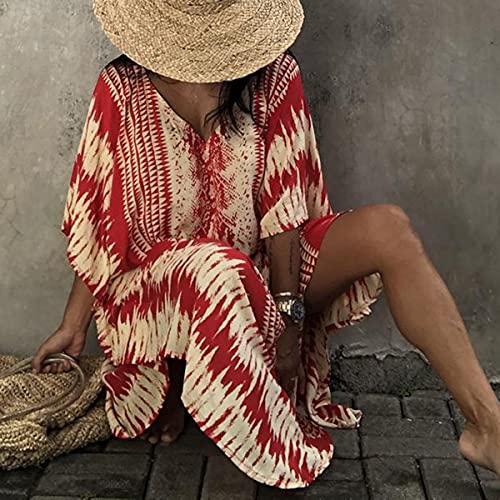 YouKD Summer Floral Long Kaftan Bohemian Loungewear Beach Swimsuit Cover Up Maxi Dress for Women Red - Image 4