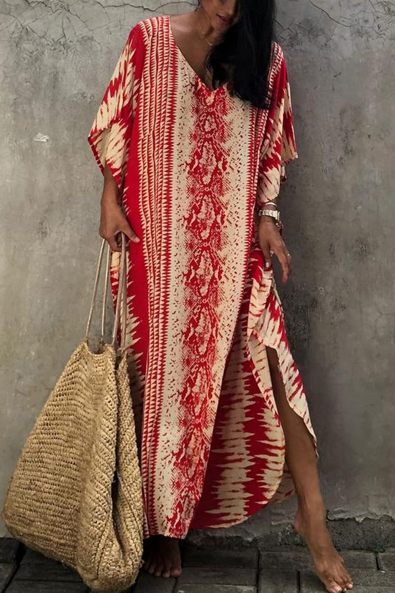 YouKD Summer Floral Long Kaftan Bohemian Loungewear Beach Swimsuit Cover Up Maxi Dress for Women Red - Image 5