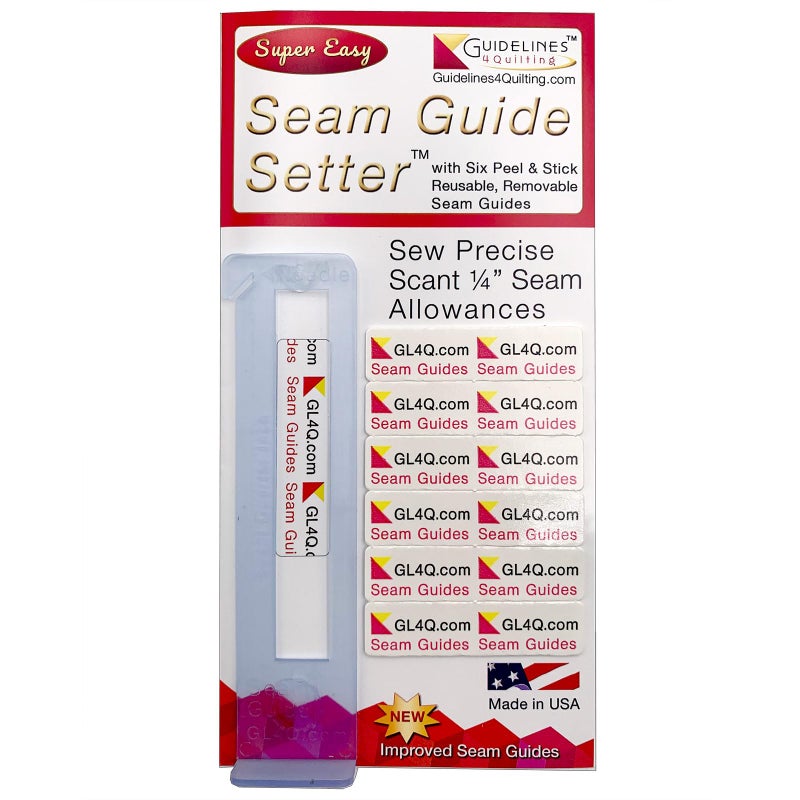 Guidelines4Quilting Super Easy Seam Guide Setter with 6 Reusable Adhesive Seam Guides Easily Set a Scant 14Inch Guide to Achieve Accuracy and No Fabric Waste For Any Sewing Machine Made in USA