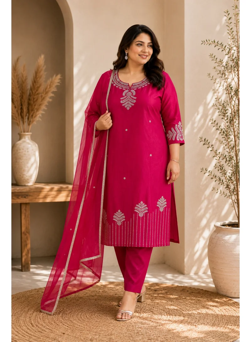 Lehar Fuchsia Pink 3-Piece Salwar Suit with Silver Motif Embroidery