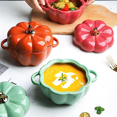 JUSTUP Dutch Oven Pot with Lid, Pumpkin Pottery Dessert Saucepan, Mini Baking Dish Cute Pumpkin Bowl, Covered Dutch Oven Ceramic Stockpot, Pumpkin-Shaped Casserole (Green) - Image 5