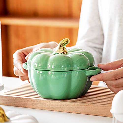 JUSTUP Dutch Oven Pot with Lid, Pumpkin Pottery Dessert Saucepan, Mini Baking Dish Cute Pumpkin Bowl, Covered Dutch Oven Ceramic Stockpot, Pumpkin-Shaped Casserole (Green) - Image 3