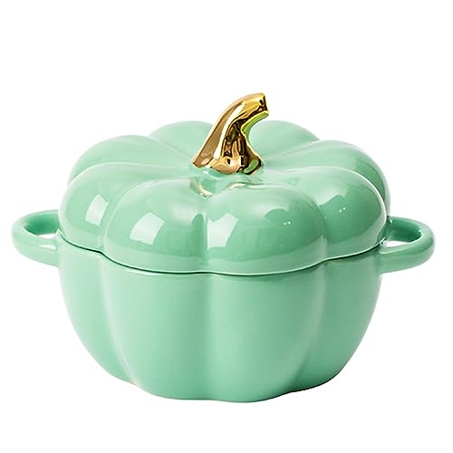 JUSTUP Dutch Oven Pot with Lid, Pumpkin Pottery Dessert Saucepan, Mini Baking Dish Cute Pumpkin Bowl, Covered Dutch Oven Ceramic Stockpot, Pumpkin-Shaped Casserole (Green) - Image 1