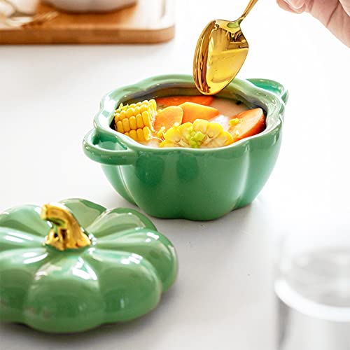 JUSTUP Dutch Oven Pot with Lid, Pumpkin Pottery Dessert Saucepan, Mini Baking Dish Cute Pumpkin Bowl, Covered Dutch Oven Ceramic Stockpot, Pumpkin-Shaped Casserole (Green) - Image 2