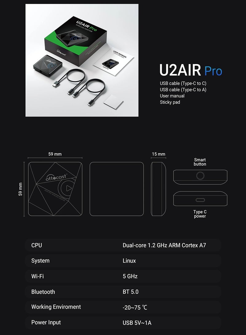 Ottocast U2 Air Pro Wireless CarPlay Apple Adapter for OEM Wired CarPlay Car Play Accessories