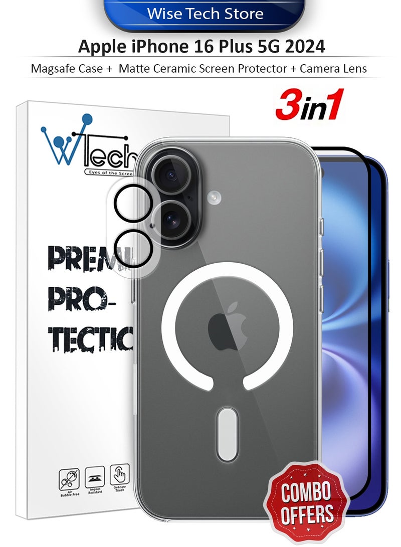 دبليو تيك حزمة حماية 3 في 1 لهاتف آبل آيفون 16 بلس 5G 2024، غطاء شفاف ومقاوم للصدمات مع ماسج سيف، واقي شاشة سيراميك مطفي، وواقي عدسة الكاميرا بحماية 360، سهل التركيب - شفاف/أسود - Image 1