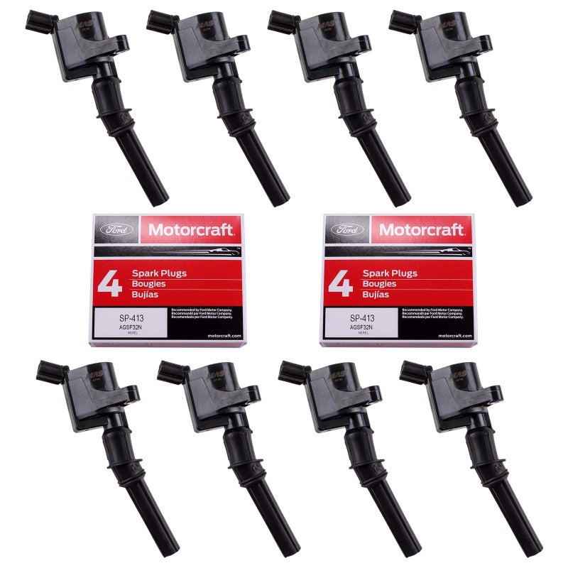 MAS Ignition Coils DG508 and Motorcraft OEM Spark Plugs SP413 Compatible with Ford F-150 Mustang V8 4.6L pack of 8 - Image 1