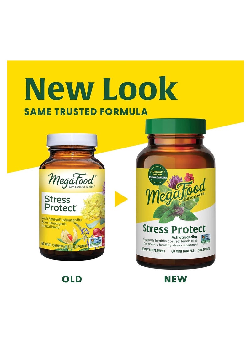 MegaFood - MegaFood Stress Protect with Ashwagandha & Herb Blend-Supports Healthy Stress Response- Rhodiola Root, Vegetarian Supplement, Non-GMO, Gluten-Free- Made Without 9 Food Allergens- 60 Tabs (30 Servings) - Image 1