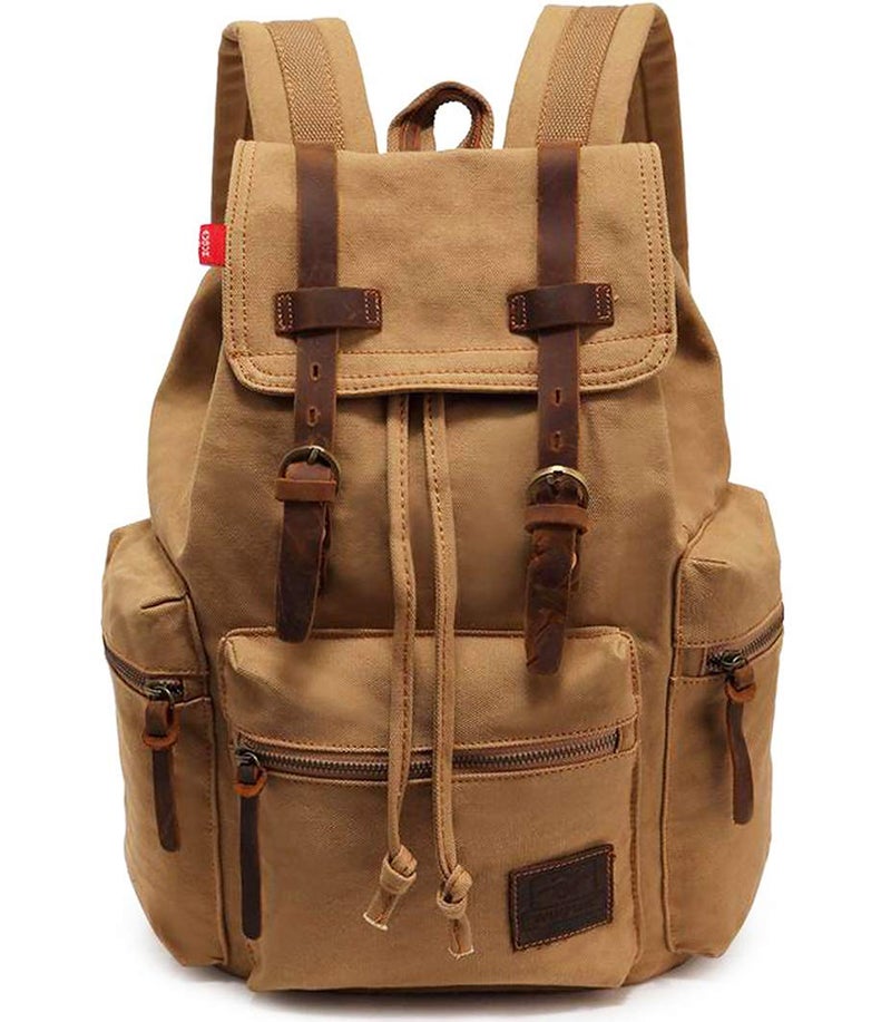 HuaChen Vintage Canvas Backpack with Leather Accents, Casual Daypack Travel Rucksack for Men Women,School College Hiking Camping M32-Khaki - Image 1