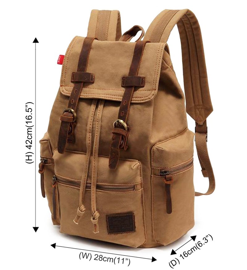 HuaChen Vintage Canvas Backpack with Leather Accents, Casual Daypack Travel Rucksack for Men Women,School College Hiking Camping M32-Khaki - Image 2