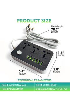 Generic Power Strips Extension Cord 3 Outlets, Power Socket with 6 USB Ports Universal Charging Socket with 2M Bold Extension Cord  - Image 4