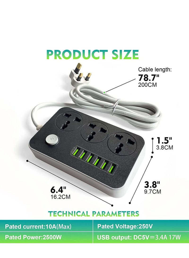 Power Strips Extension Cord 3 Outlets, Power Socket with 6 USB Ports Universal Charging Socket with 2M Bold Extension Cord  - Image 4