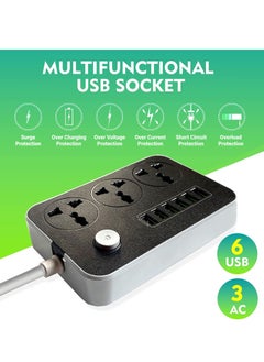 Generic Power Strips Extension Cord 3 Outlets, Power Socket with 6 USB Ports Universal Charging Socket with 2M Bold Extension Cord  - Image 2