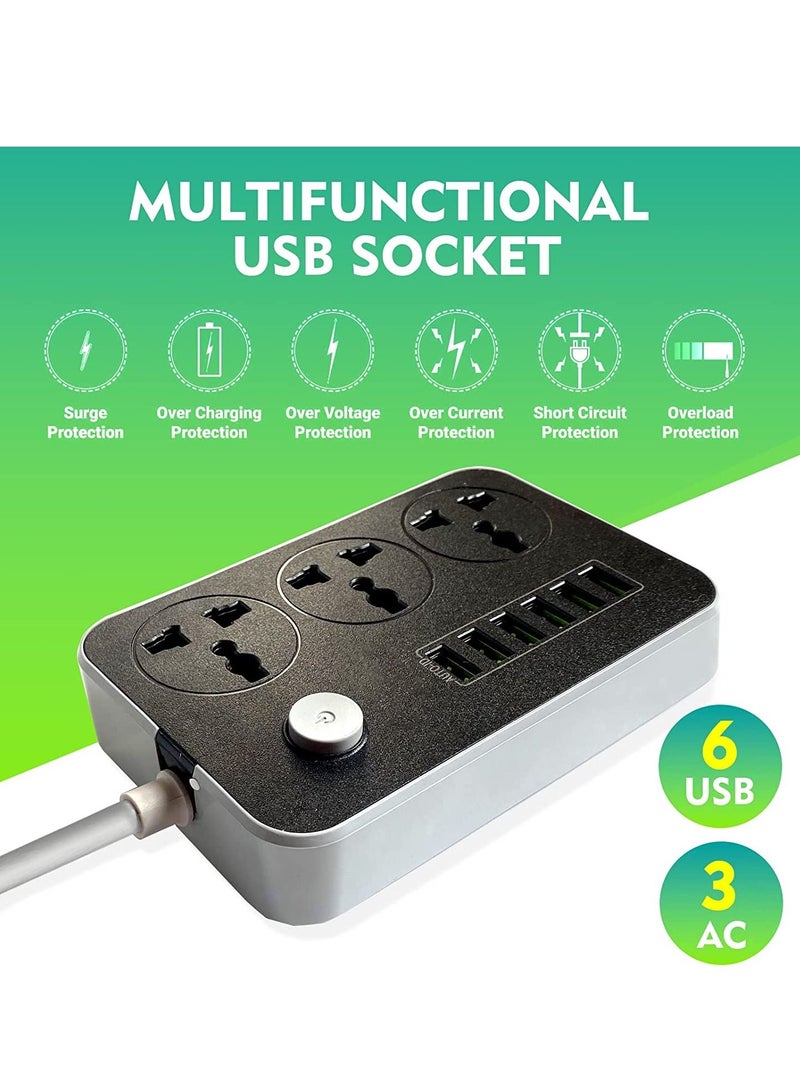 Power Strips Extension Cord 3 Outlets, Power Socket with 6 USB Ports Universal Charging Socket with 2M Bold Extension Cord  - Image 2
