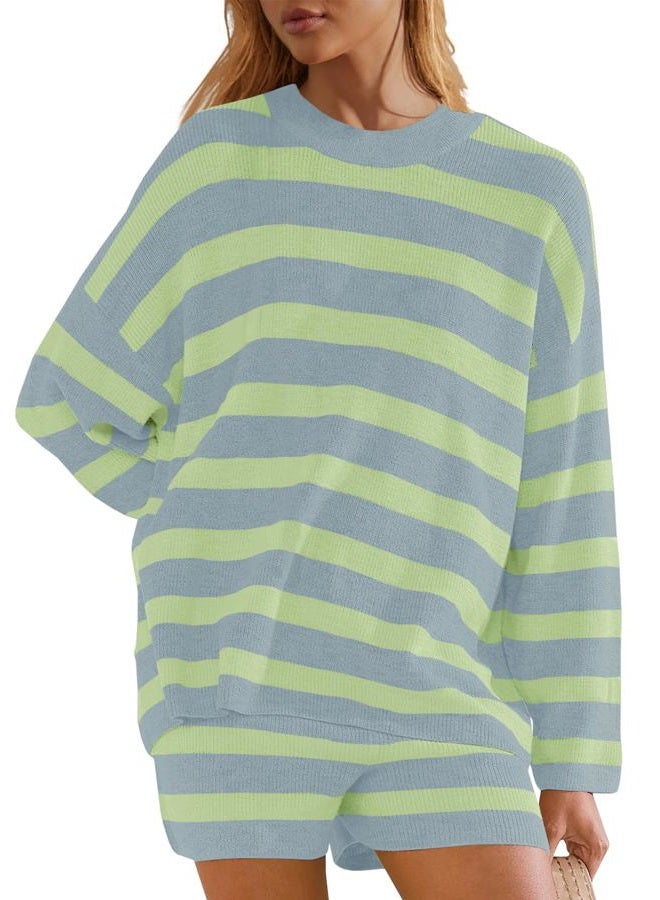 Panadila Womens Shorts Sets 2 Piece Fall Outfits Striped Sweater Set Oversized Lounge Set Cute Matching Set 2024 (Sage Green Combo,L) - Image 2