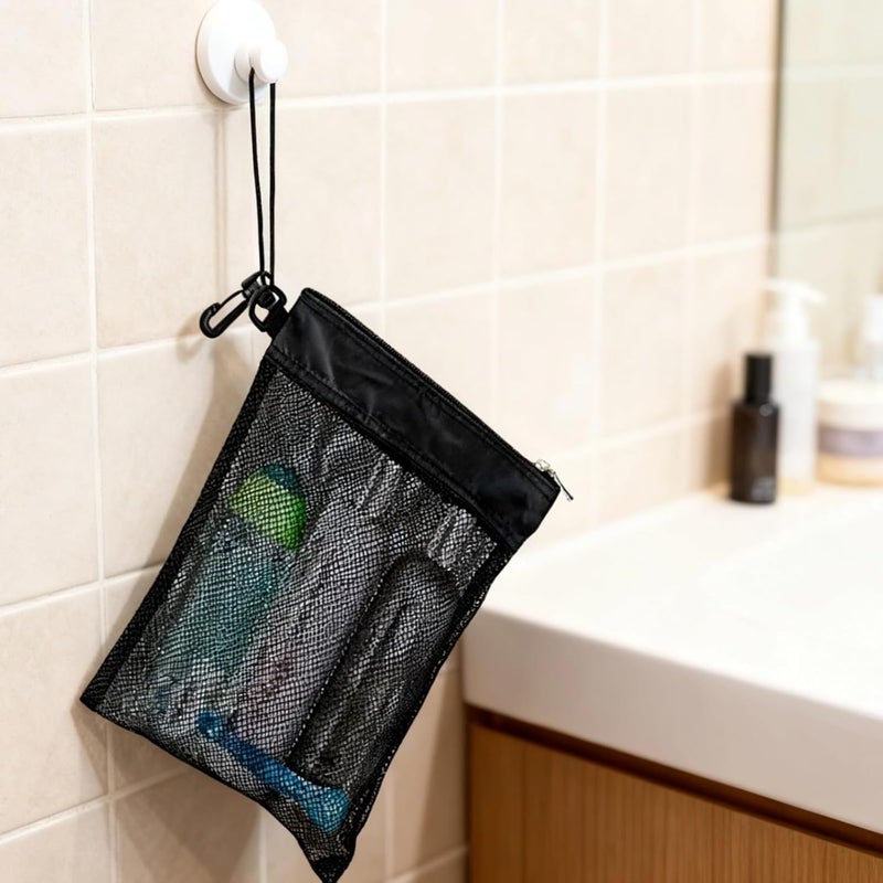 10 Pcs Shower Bag Tote Set, Black Mesh Caddy Organizer, Hanging, Zipper And Drawstring Pouch, Equipped With Suction Cup, For Bathroom/Gym - Image 3