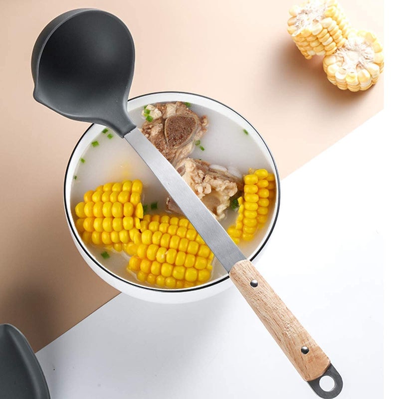 YANCI YANCI Silicone Large Ladle Spoons for Soup Non Stick Kitchen Utensils with High Heat Resistant BPA Free Perfect Kitchen Tools for Cooking Stirring Serving Soups with Wooden Handle LADLE  - Image 3