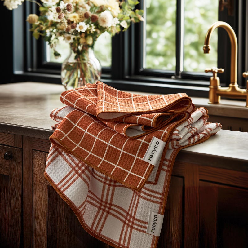 RECYCO Waffle Kitchen Towel Set of 2 - Quick Dry Microfiber Sustainable Dish Towels - Ultra Absorbent Reusable Cleaning Tea Towels - Lightweight Hand Towels,16â€x 28â€, Farmhouse Plaid - Image 1
