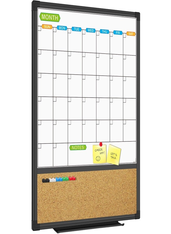 JILoffice Magnetic Calendar Whiteboard & Bulletin Corkboard Combination, Combo Board 20 x 28 Inch, Black Aluminum Frame Wall Mounted Board for Office Home and School with 10 Push Pins - Image 1