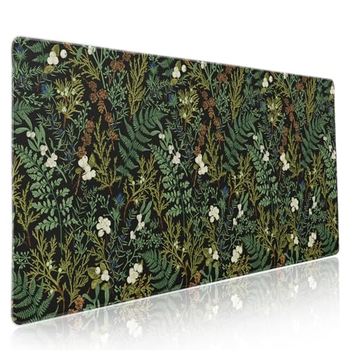 aportt Black Aesthetic Vintage Botanical Gaming Mouse Pad XXL Cute Forest Green Plant Nature Floral Extended Large Mouse Pad Big Mousepad NonSlip Stitched Edge Long Mat for Desk Office Computer354x157 in - Image 1