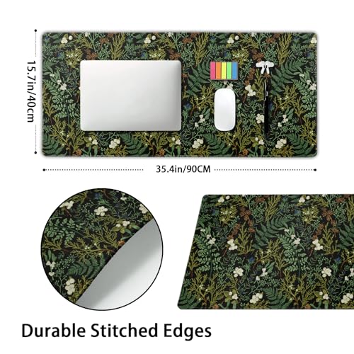 aportt Black Aesthetic Vintage Botanical Gaming Mouse Pad XXL Cute Forest Green Plant Nature Floral Extended Large Mouse Pad Big Mousepad NonSlip Stitched Edge Long Mat for Desk Office Computer354x157 in - Image 3