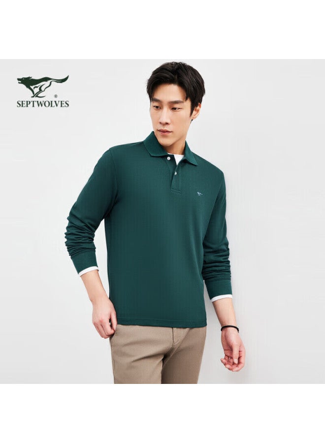 Septwolves Long-sleeve T-shirt For Men, Turn-down Collar, Pure Cotton, Solid Color, Multi-color, Small Wolf Logo, Business Casual, Breathable Polo Shirt, Men's Clothing - Image 1