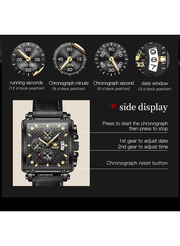 OLEVS Square Watches for Men Brown Leather Chronograph Fashion Business Watch Luminous Waterproof Casual Wrist Watches - Image 3