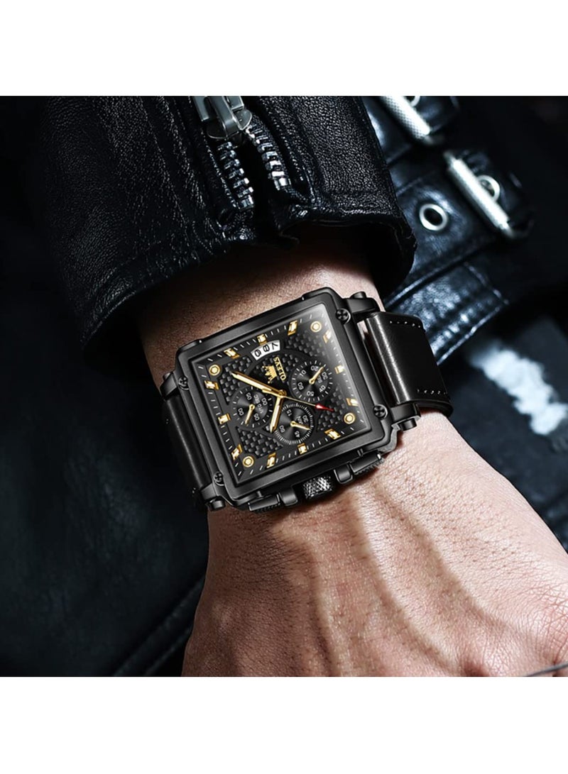 OLEVS Square Watches for Men Brown Leather Chronograph Fashion Business Watch Luminous Waterproof Casual Wrist Watches - Image 2