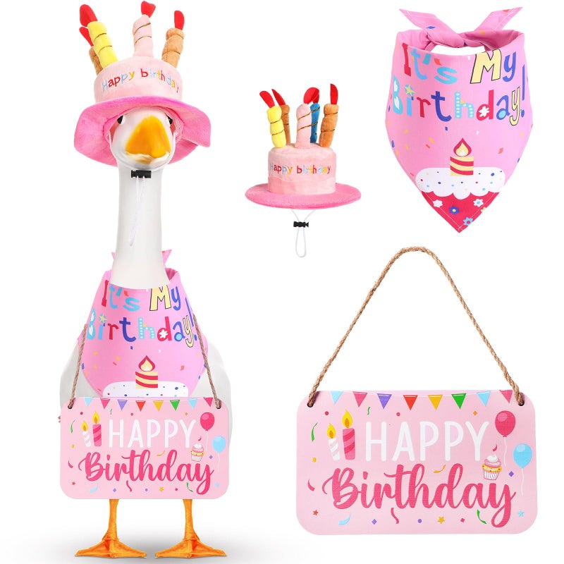 Memorywuu Happy Birthday Porch Goose Outfit Lawn Goose Cloth Costume for 23" Cement Plastic Patio Yard Statue Outdoor(Pink,Triangle Scarf) - Image 1
