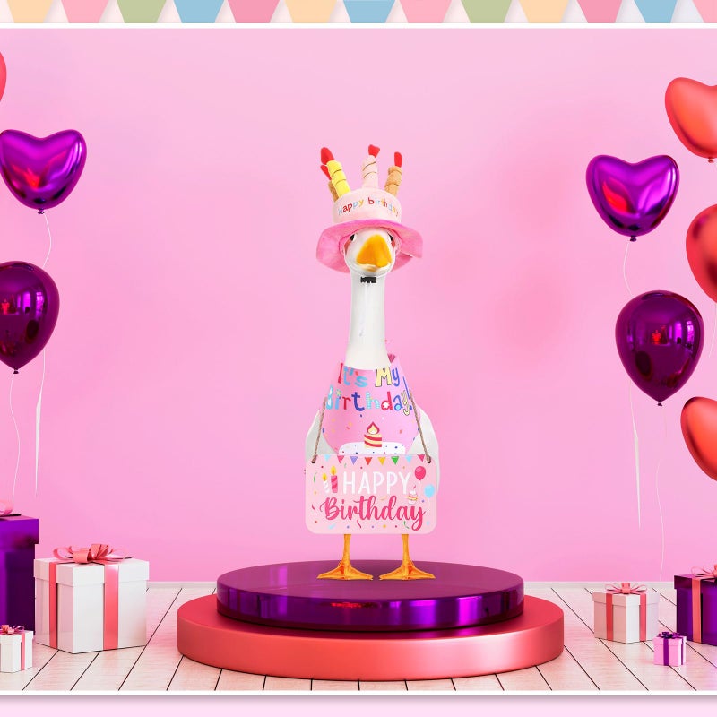 Memorywuu Happy Birthday Porch Goose Outfit Lawn Goose Cloth Costume for 23" Cement Plastic Patio Yard Statue Outdoor(Pink,Triangle Scarf) - Image 4