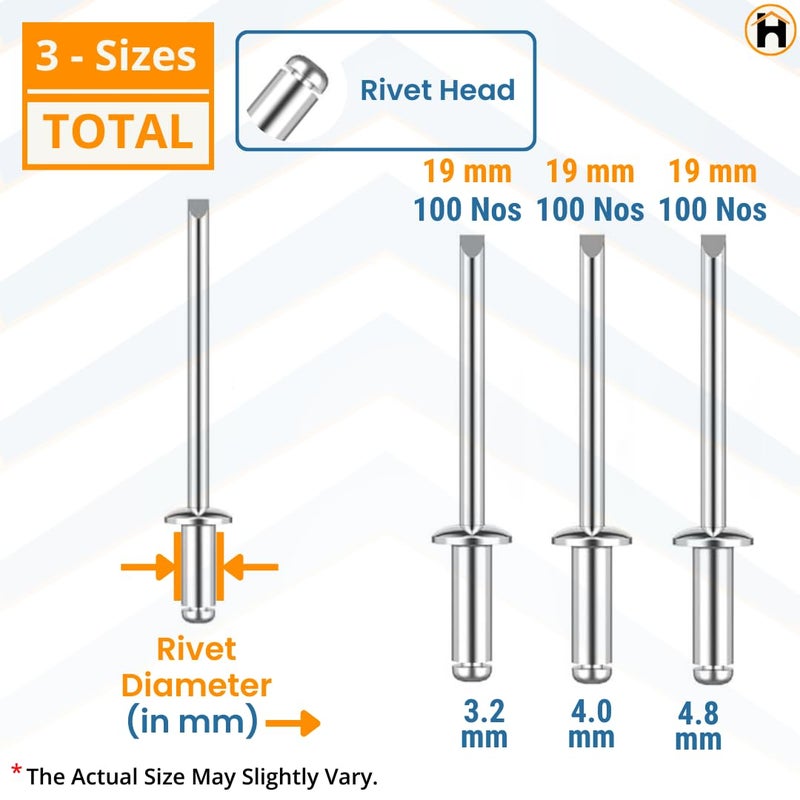 Homdum مسامير ألومنيوم عمياء - مسامير معدنية POP لآلة التثبيت / ماكينة التثبيت مجموعة متنوعة من 3 أحجام عبوة من 300 قطعة - Image 4