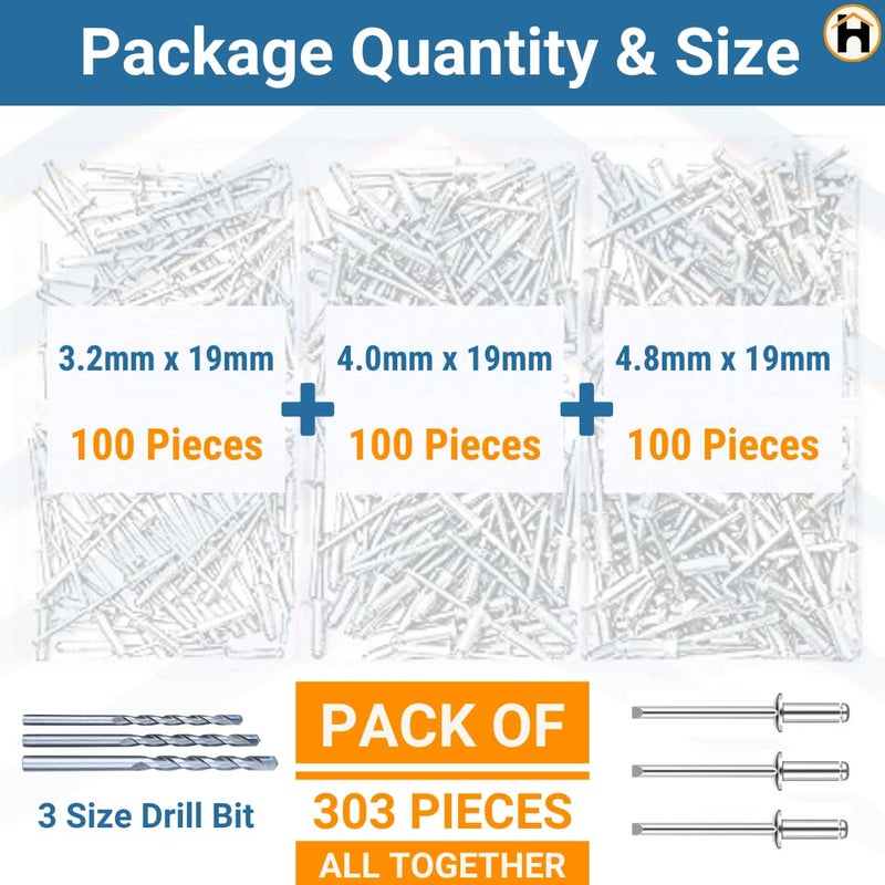 Homdum مسامير ألومنيوم عمياء - مسامير معدنية POP لآلة التثبيت / ماكينة التثبيت مجموعة متنوعة من 3 أحجام عبوة من 300 قطعة - Image 3