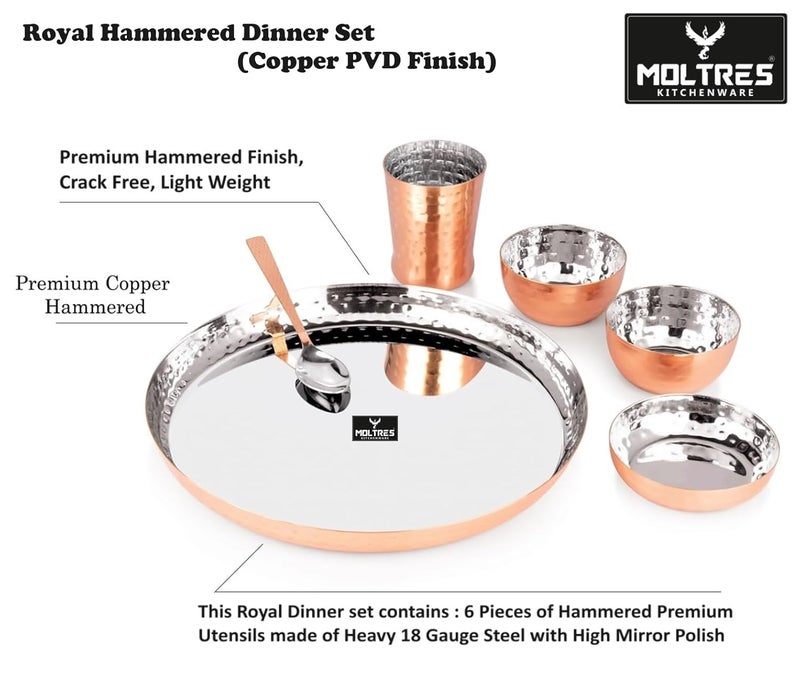 MOLTRES Royal 6pc Hammered Copper PVD Stainless Steel Dinner Set 1 Thali 1 Plate 2 Bowl 1 Glass 1 Spoon Luxury Design Dinner Set for Home Gifting Thali Diameter 115 Inch Set of 6 - Image 3