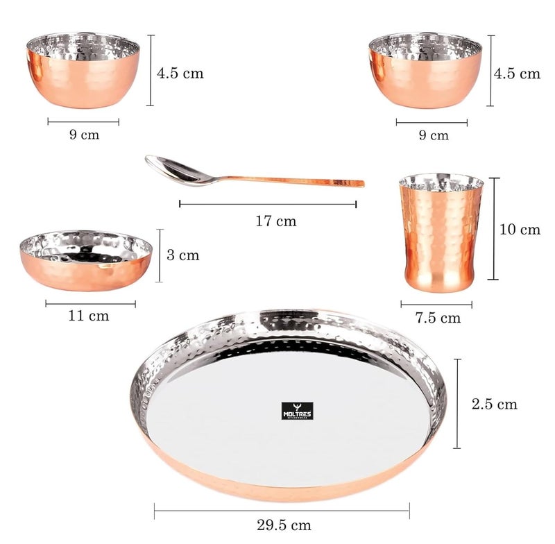 MOLTRES Royal 6pc Hammered Copper PVD Stainless Steel Dinner Set 1 Thali 1 Plate 2 Bowl 1 Glass 1 Spoon Luxury Design Dinner Set for Home Gifting Thali Diameter 115 Inch Set of 6 - Image 2