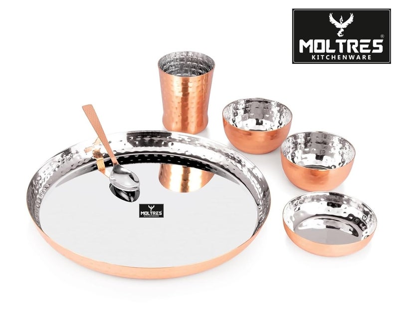 MOLTRES Royal 6pc Hammered Copper PVD Stainless Steel Dinner Set 1 Thali 1 Plate 2 Bowl 1 Glass 1 Spoon Luxury Design Dinner Set for Home Gifting Thali Diameter 115 Inch Set of 6 - Image 5