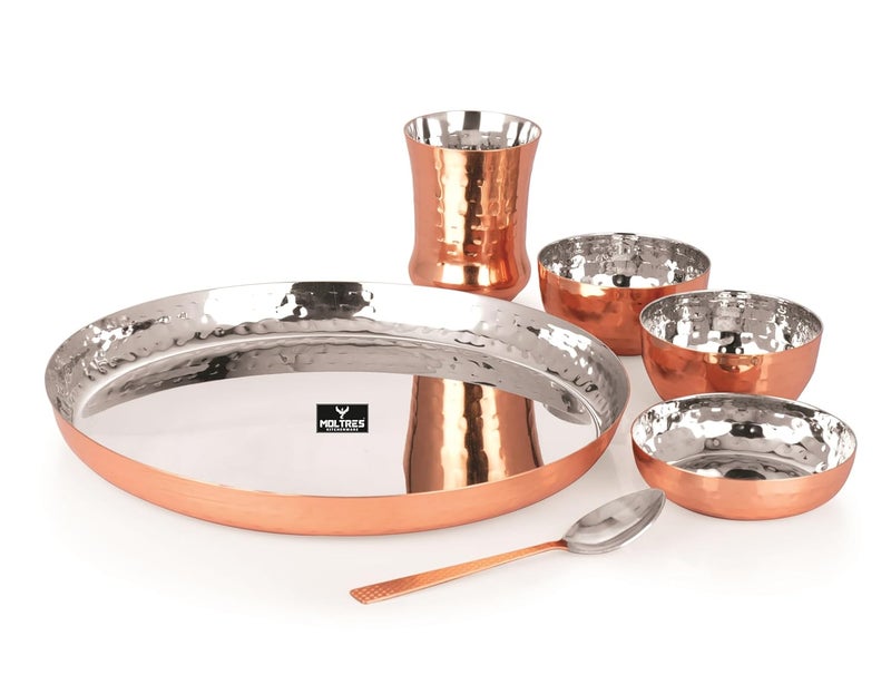 MOLTRES Royal 6pc Hammered Copper PVD Stainless Steel Dinner Set 1 Thali 1 Plate 2 Bowl 1 Glass 1 Spoon Luxury Design Dinner Set for Home Gifting Thali Diameter 115 Inch Set of 6 - Image 1