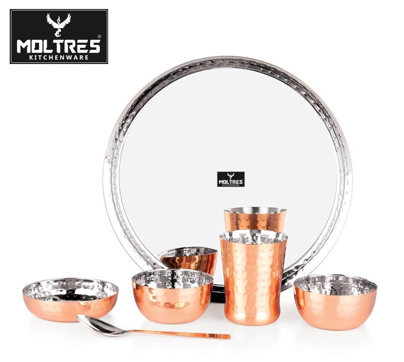 MOLTRES Royal 6pc Hammered Copper PVD Stainless Steel Dinner Set 1 Thali 1 Plate 2 Bowl 1 Glass 1 Spoon Luxury Design Dinner Set for Home Gifting Thali Diameter 115 Inch Set of 6 - Image 4
