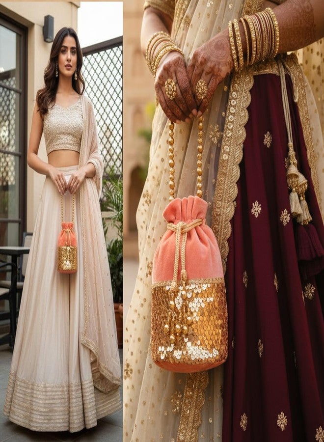 INDTRESOR beaded handcrafted brocade evening purse drawstring handbag vintage party wedding gift for women. Peach Gold - Image 2