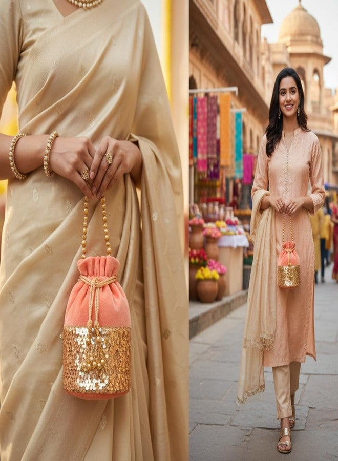 INDTRESOR beaded handcrafted brocade evening purse drawstring handbag vintage party wedding gift for women. Peach Gold - Image 4
