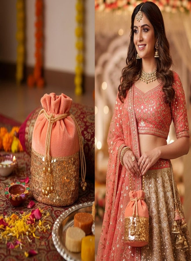 INDTRESOR beaded handcrafted brocade evening purse drawstring handbag vintage party wedding gift for women. Peach Gold - Image 3