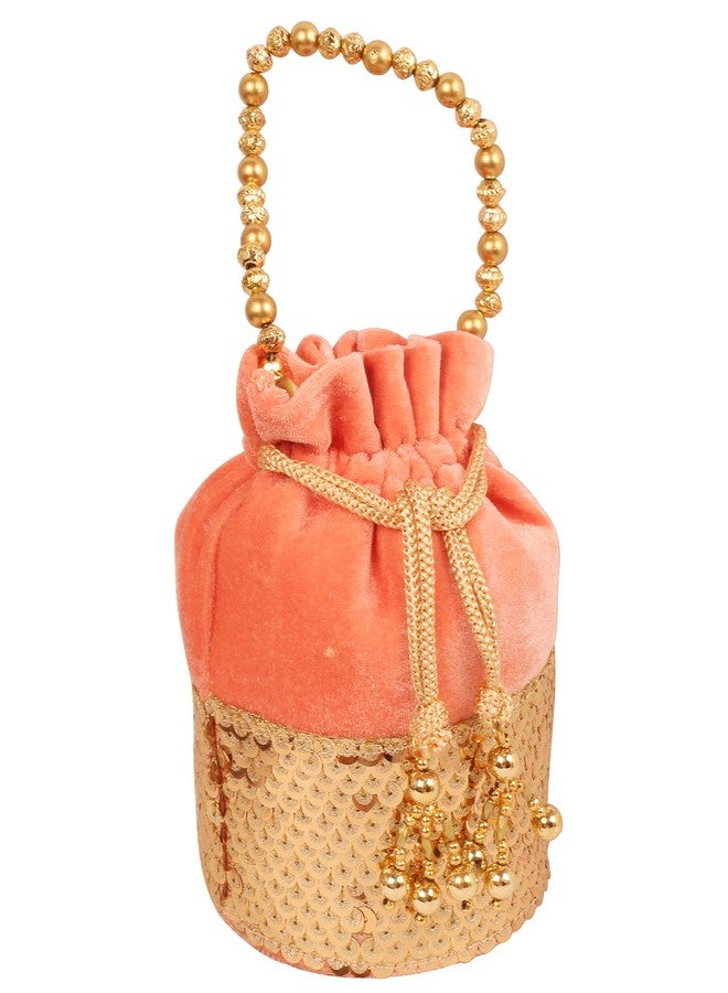 INDTRESOR beaded handcrafted brocade evening purse drawstring handbag vintage party wedding gift for women. Peach Gold - Image 1