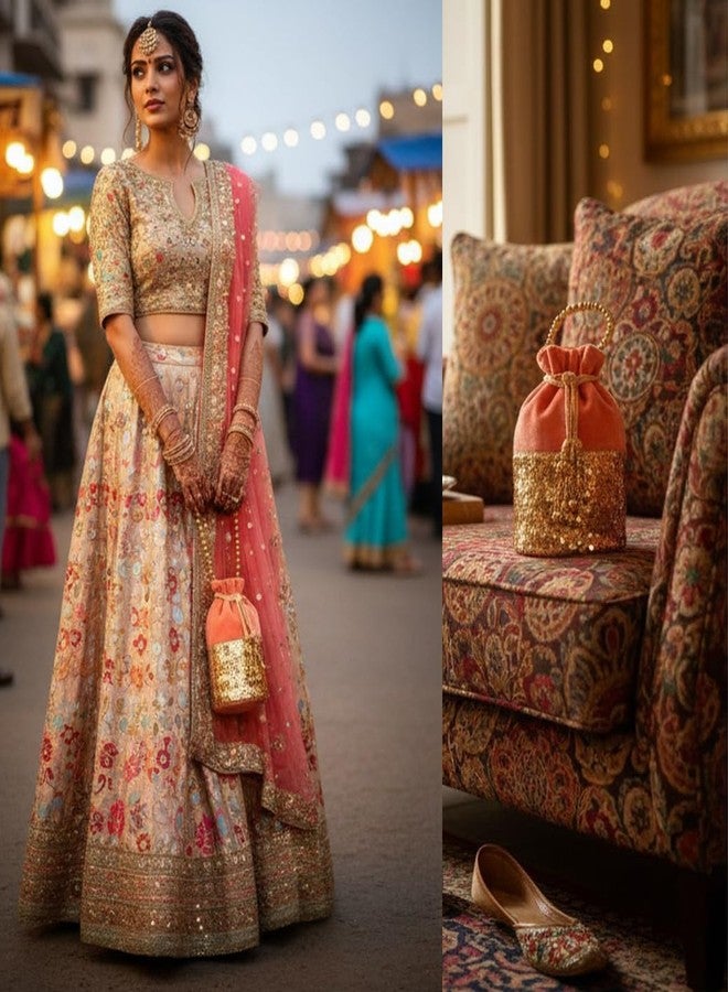 INDTRESOR beaded handcrafted brocade evening purse drawstring handbag vintage party wedding gift for women. Peach Gold - Image 5
