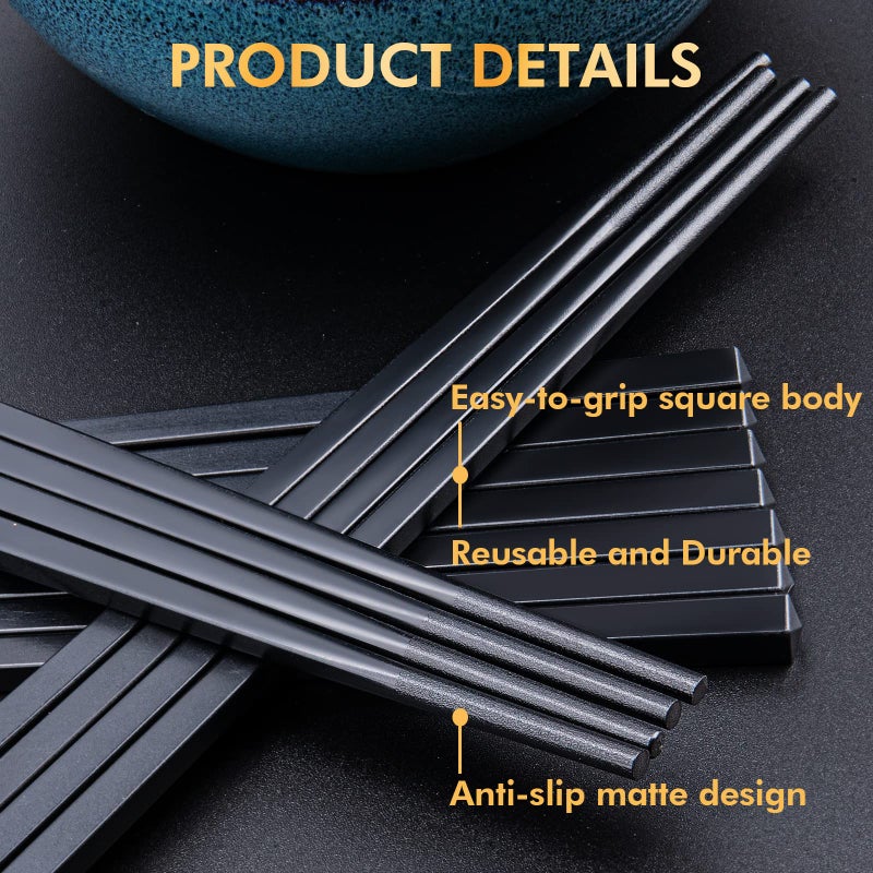LIANGKEN 5 Pairs Dishwasher Safe Fiberglass Chopsticks Set,9.5 Inch Reusable Japanese Chinese Chopsticks , Non-Slip, Easy to Use (colorful ) (9.5 inch, pure black) - Image 3