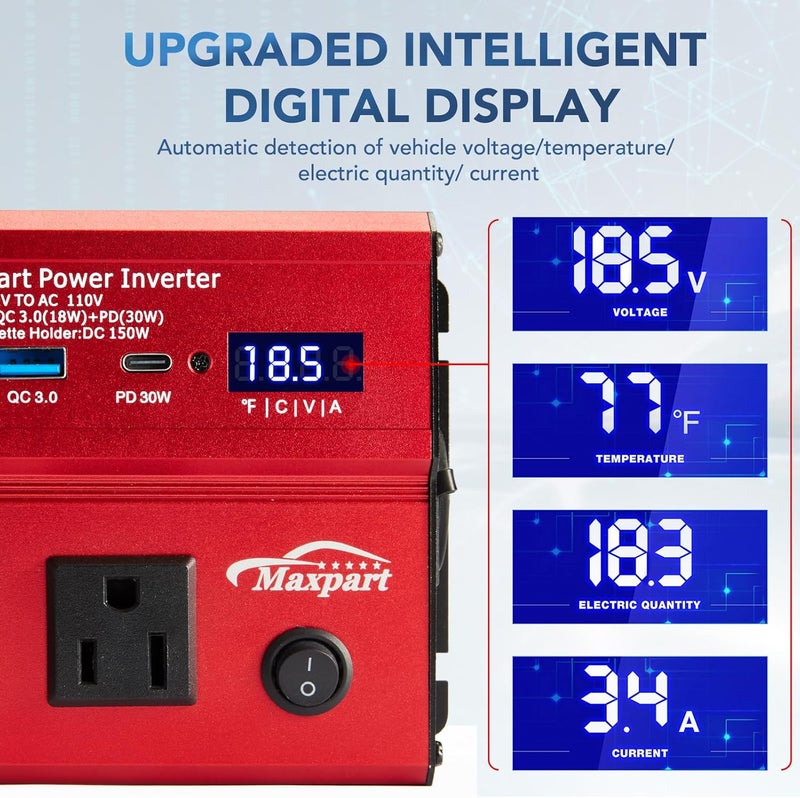 TWING 500W Power Inverter, Car/Light Truck 12V DC to 110V AC Converter USB and 3.0A USB and Type-C Ports Car Charger Inverter with Cigarette Lighter Ports for Smartphones Laptops Tablets - Image 3