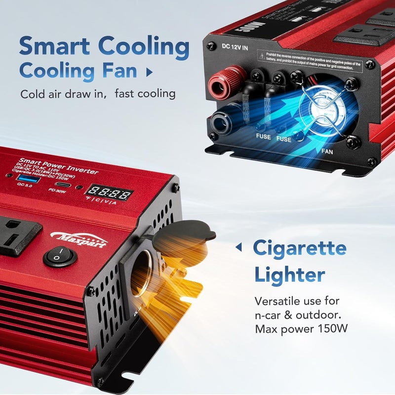 TWING 500W Power Inverter, Car/Light Truck 12V DC to 110V AC Converter USB and 3.0A USB and Type-C Ports Car Charger Inverter with Cigarette Lighter Ports for Smartphones Laptops Tablets - Image 4
